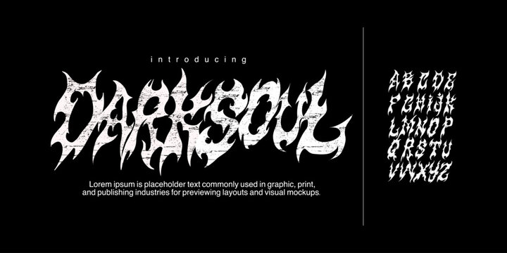 Font Darksoul. Dark Gothic font, medieval y2k alphabet, letter typography print, dark vintage scary typeface. Rock poster sign, handwritten grunge, hardcore calligraphy. Vector font design