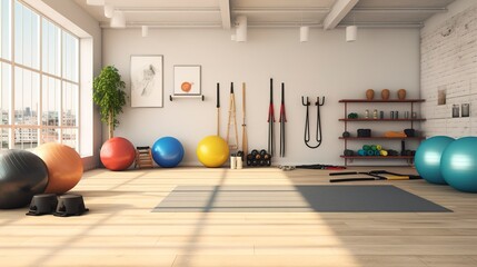 A photo of a gym corner with stability balls and mats