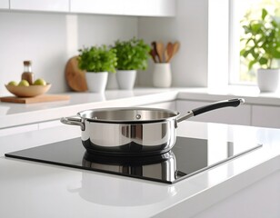 A stainless steel saucepan on a modern black induction cooktop in a bright, white kitchen. Culinary preparation and domestic lifestyle concept.