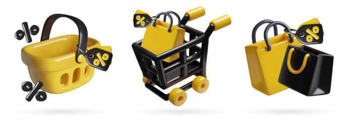 Shopping basket, gift bag and supermarket grocery cart black and yellow 3d icons set with discount price tags and percentage sign. Sale and discount vector illustrations isolated on white background. 