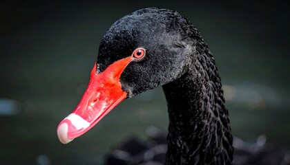 Obraz premium Elegant portrait of a striking black swan with vibrant red beak in serene setting