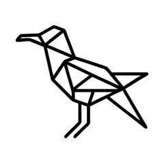 A stylized, geometric illustration of a yellow bird or dove, with simple angular wings and beak, against a plain white background.
