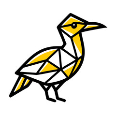 A stylized, geometric illustration of a yellow bird or dove, with simple angular wings and beak, against a plain white background.
