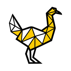 A stylized, geometric illustration of a yellow bird or dove, with simple angular wings and beak, against a plain white background.
