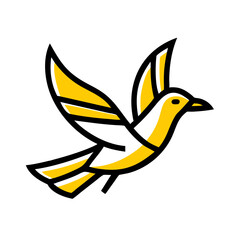A stylized, geometric illustration of a yellow bird or dove, with simple angular wings and beak, against a plain white background.
