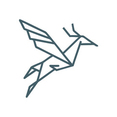A stylized, geometric illustration of a yellow bird or dove, with simple angular wings and beak, against a plain white background.
