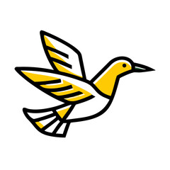 A stylized, geometric illustration of a yellow bird or dove, with simple angular wings and beak, against a plain white background.
