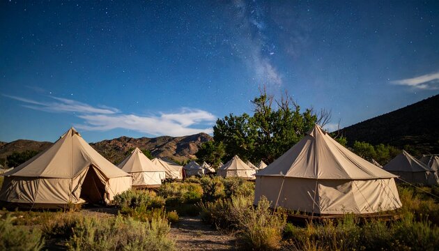 A tranquil glamping campsite with bell tents under the luminous Milky Way in a remote wilderness landscape.
