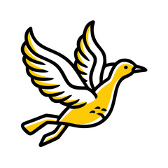 A stylized, geometric illustration of a yellow bird or dove, with simple angular wings and beak, against a plain white background.
