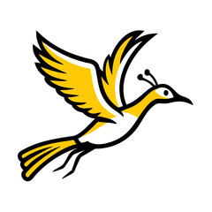 A stylized, geometric illustration of a yellow bird or dove, with simple angular wings and beak, against a plain white background.
