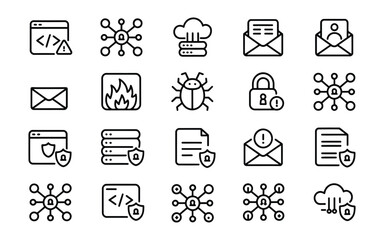 Fototapeta premium Cybersecurity & Network Protection Icons Vector Set: Data Safety, Internet Security & Threat Defense - Line Art Collection