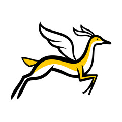 A stylized, geometric illustration of a yellow bird or dove, with simple angular wings and beak, against a plain white background.
