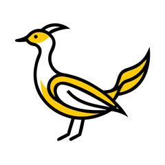 A stylized, geometric illustration of a yellow bird or dove, with simple angular wings and beak, against a plain white background.

