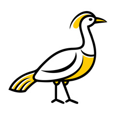 A stylized, geometric illustration of a yellow bird or dove, with simple angular wings and beak, against a plain white background.
