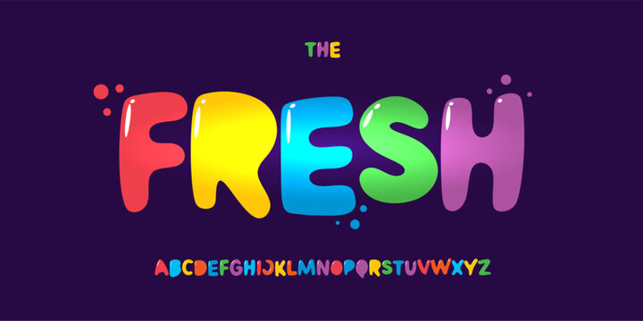 Naklejki Bright colorful jellybean font logo alphabet, juicy glossy letters and childish candy vibe. Ideal for kids games, birthday parties headline, sweet packaging, toy branding. Vector typeset