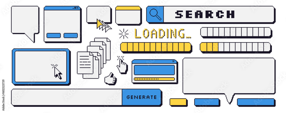 Fototapete pixel art dialog windows interfaces and speech bubbles set . 8 bit blank frames and game icons. 90s 