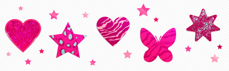 Pink y2k sticker collection with glitter heart, leopard star, zebra pattern butterfly and sparkly shapes on transparent background for digital scrapbooking. Bright nostalgic decorative elements. © klyaksun