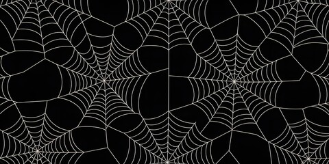 Intricate white spiderwebs create a detailed spooky and abstract pattern on a black background