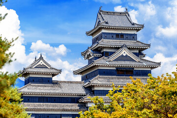 Matsumoto Castle or Crow Castle and the red bridge in summer is one of Japanese premier historic castles in Honshu. Landmark and popular for tourists attraction in Matsumoto city, Japan
