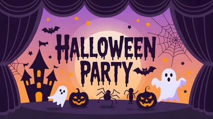 Spooky halloween party scene with ghosts pumpkins and haunted castle on stage