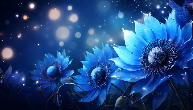 A serene depiction of vibrant blue flowers against a dark, dreamy background.