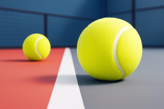 Close-up of bright yellow tennis balls on colorful court with soft lighting and modern abstract background. Ai generative.