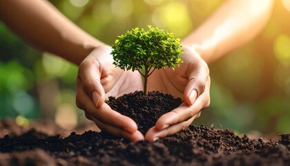 Nurturing Growth: A close-up shot captures hands tenderly cradling a young tree, set against a sun-dappled backdrop, symbolizing the act of nurturing, conservation, and the promise of new life.