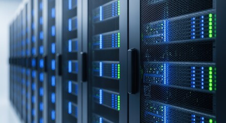 Rows of server racks with vibrant blue and green status lights in a data storage facility.
