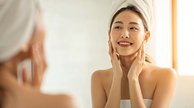 woman with glowing bare skin looks at herself in the mirror with a gentle smile. 