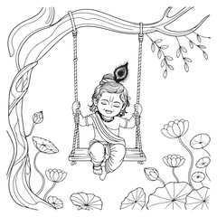 Illustration of krishna on a swing under a tree with lotuses