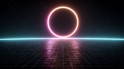 Futuristic neon circle with grid background in dark space