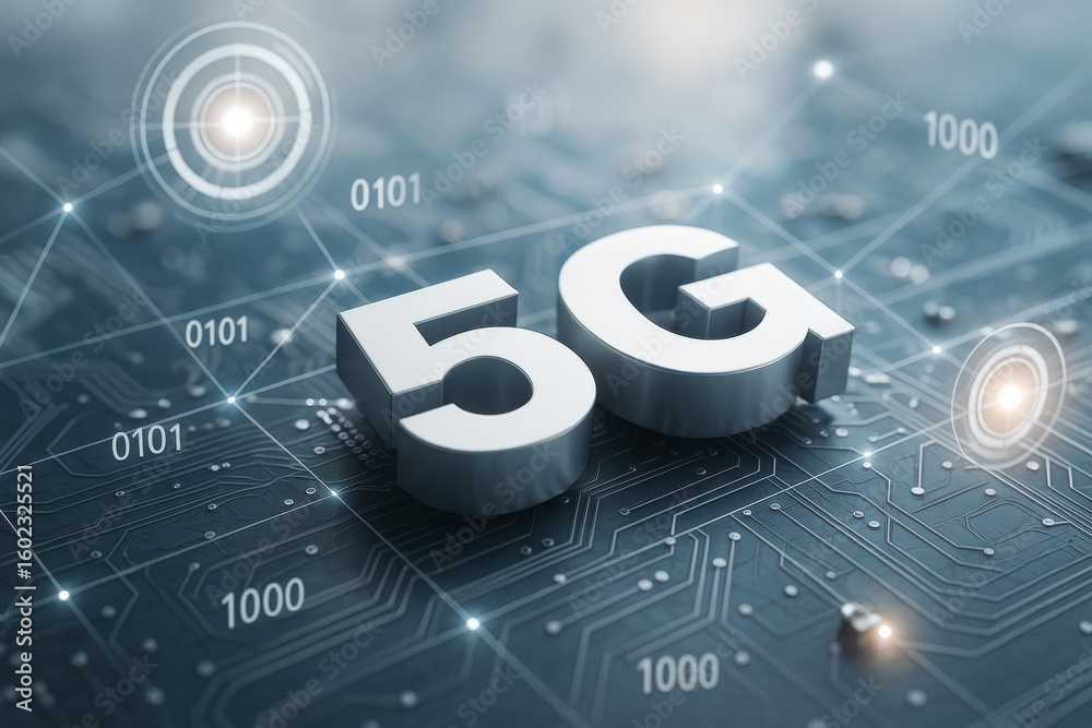Poster 5g technology concept with glowing circuits and binary code on dark tech background, highlighting fa