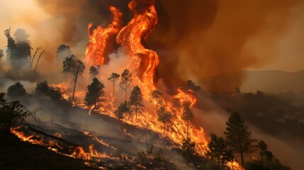 Intense wildfire raging across hillside, a powerful image of nature's destructive force and climate change impact