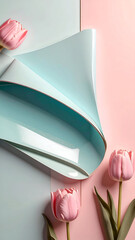 A soft pastel composition featuring curled paper and pink tulips.