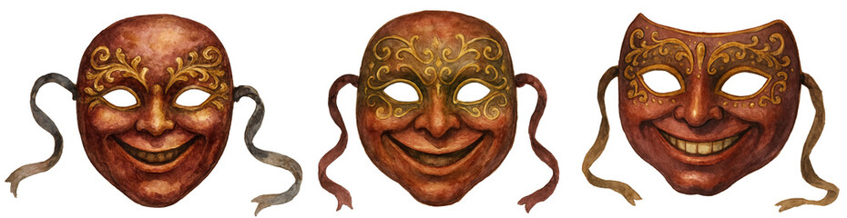 Naklejka premium a collection of vintage watercolor Venetian masks with happy expressions