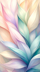 A soft, abstract design featuring layered leaves in pastel colors.