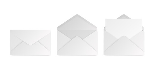 Realistic blank white letter paper envelope mockups C5 and C6 sizes, open and closed, front view on gray background for branding and stationery design
