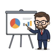 Cartoon man in suit presents charts on a board pointing with a stick