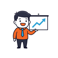 Cartoon man presents a graph with an upward trending arrow