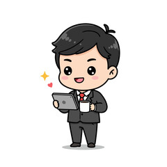 Chibi businessman with tablet  coffee smartly dressed in a black suit