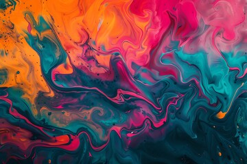 Swirling storm of bold paint splashes in a mix of hot pink, ocean blue, bright orange, and grass green, forming a vibrant abstract background with energetic flow, 