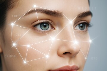 Close-up of woman's face with digital facial recognition grid and binary code on soft blue background, symbolizing modern biometric technology concept.