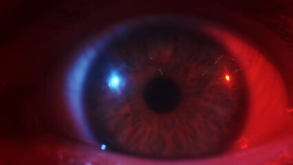 Macro shot of real human eye illuminated by red and blue light