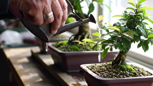Gentle hand meticulously waters a row of delicate bonsai trees with a small, long-spouted watering can, showcasing meticulous care and serene horticultural practice.