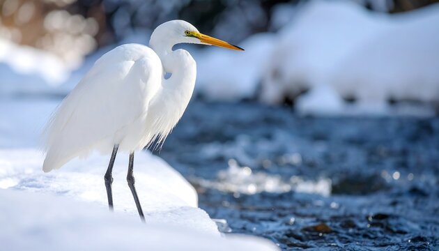 Elegant white egret standing gracefully on snow bank near glistening river flow