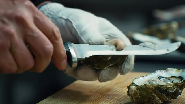Gloved hands expertly shuck a fresh oyster, skillfully prying it open with a specialized shucking knife, revealing its succulent interior.