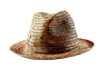 Stylish wide-brimmed straw sun hat with decorative ribbon isolated on transparent background for summer vacation cutout — high-resolution PNG perfect for travel-themed design and beachwear branding