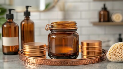 Glass jar bathroom setup with elegant amber glass container featuring hinged lid filled with exfoliating scrub on ornate metallic tray with spa essentials