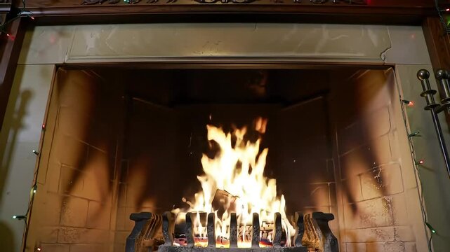 Time lapse of a cozy, festively decorated fireplace as logs crackle and slowly burn down, creating a warm, inviting ambiance.
