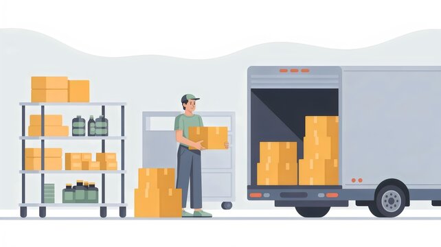 Efficient logistics services delivery man loading boxes into truck with a modern warehouse setting